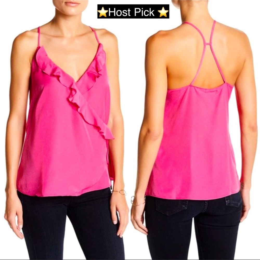 🍀14th and union bright pink ruffle spaghetti strap faux wrap tie blouse